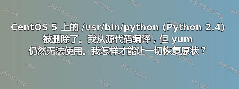 CentOS 5 上的 /usr/bin/python (Python 2.4) 被删除了。我从源代码编译，但 yum 仍然无法使用。我怎样才能让一切恢复原状？