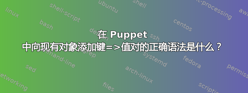 在 Puppet 中向现有对象添加键=>值对的正确语法是什么？