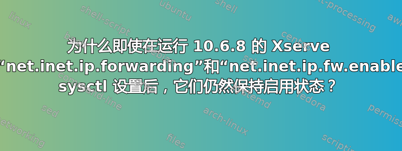 为什么即使在运行 10.6.8 的 Xserve 上禁用“net.inet.ip.forwarding”和“net.inet.ip.fw.enable”内核 sysctl 设置后，它们仍然保持启用状态？