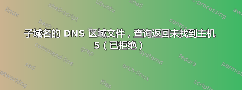 子域名的 DNS 区域文件，查询返回未找到主机 5（已拒绝）