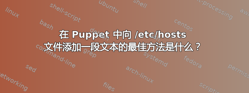 在 Puppet 中向 /etc/hosts 文件添加一段文本的最佳方法是什么？