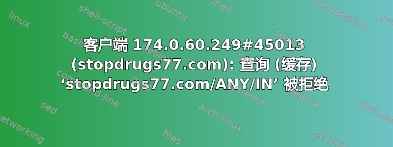 客户端 174.0.60.249#45013 (stopdrugs77.com): 查询 (缓存) ‘stopdrugs77.com/ANY/IN’ 被拒绝