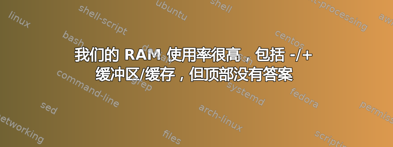 我们的 RAM 使用率很高，包括 -/+ 缓冲区/缓存，但顶部没有答案