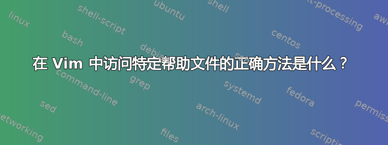 在 Vim 中访问特定帮助文件的正确方法是什么？