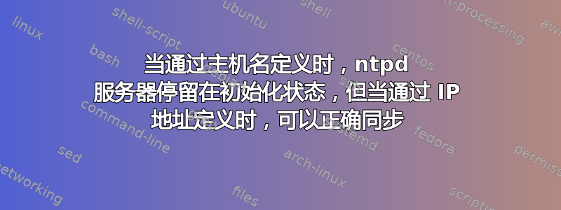 当通过主机名定义时，ntpd 服务器停留在初始化状态，但当通过 IP 地址定义时，可以正确同步