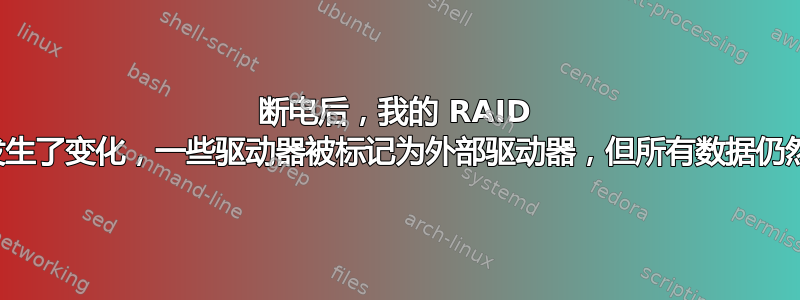 断电后，我的 RAID 配置发生了变化，一些驱动器被标记为外部驱动器，但所有数据仍然存在