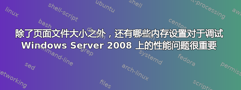 除了页面文件大小之外，还有哪些内存设置对于调试 Windows Server 2008 上的性能问题很重要