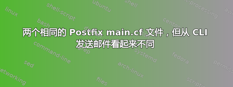 两个相同的 Postfix main.cf 文件，但从 CLI 发送邮件看起来不同