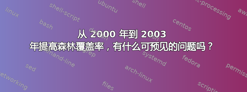 从 2000 年到 2003 年提高森林覆盖率，有什么可预见的问题吗？