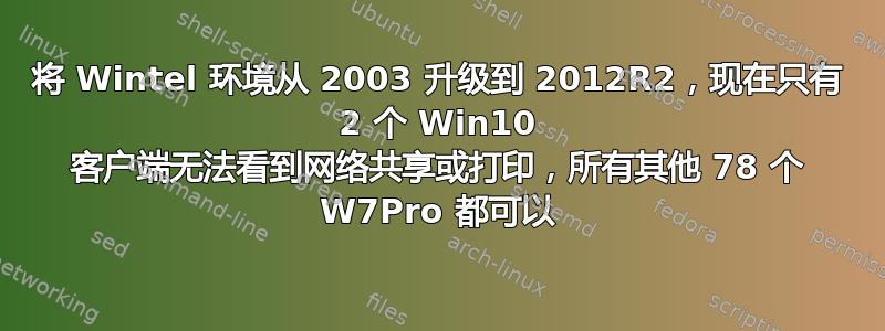 将 Wintel 环境从 2003 升级到 2012R2，现在只有 2 个 Win10 客户端无法看到网络共享或打印，所有其他 78 个 W7Pro 都可以