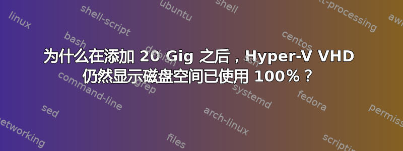 为什么在添加 20 Gig 之后，Hyper-V VHD 仍然显示磁盘空间已使用 100％？