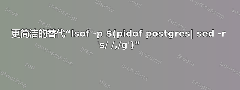 更简洁的替代“lsof -p $(pidof postgres| sed -r 's/ /,/g')”