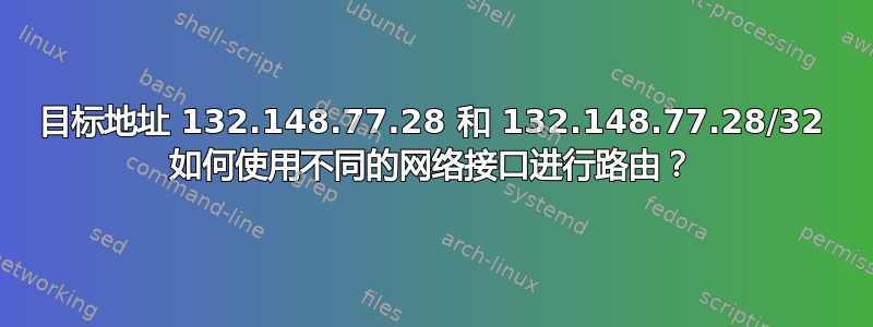 目标地址 132.148.77.28 和 132.148.77.28/32 如何使用不同的网络接口进行路由？