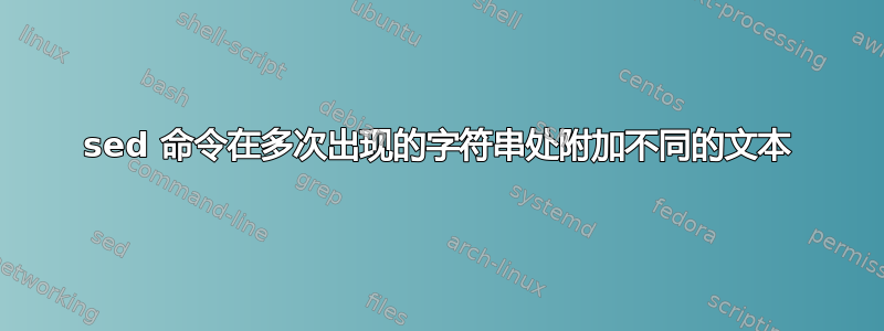 sed 命令在多次出现的字符串处附加不同的文本