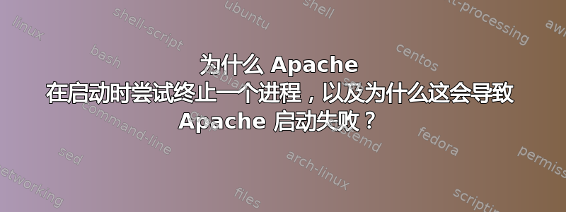 为什么 Apache 在启动时尝试终止一个进程，以及为什么这会导致 Apache 启动失败？