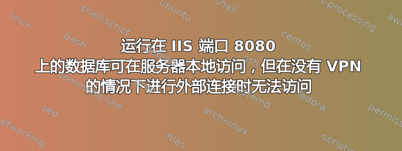 运行在 IIS 端口 8080 上的数据库可在服务器本地访问，但在没有 VPN 的情况下进行外部连接时无法访问