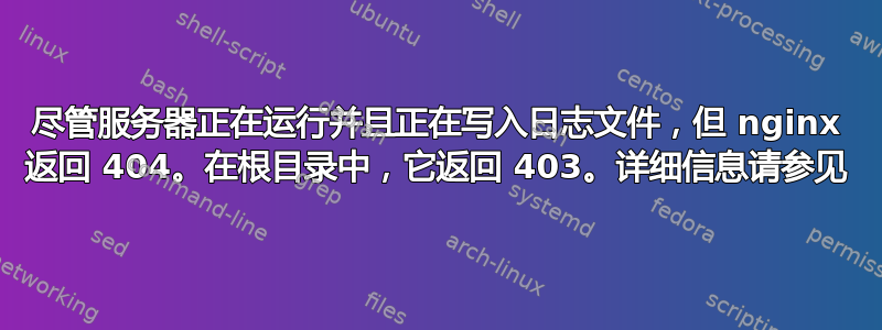 尽管服务器正在运行并且正在写入日志文件，但 nginx 返回 404。在根目录中，它返回 403。详细信息请参见