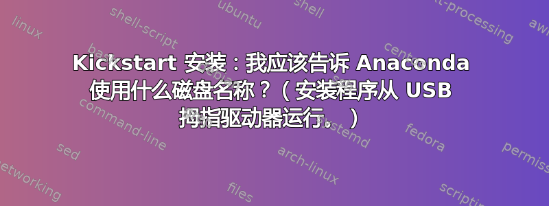 Kickstart 安装：我应该告诉 Anaconda 使用什么磁盘名称？（安装程序从 USB 拇指驱动器运行。）