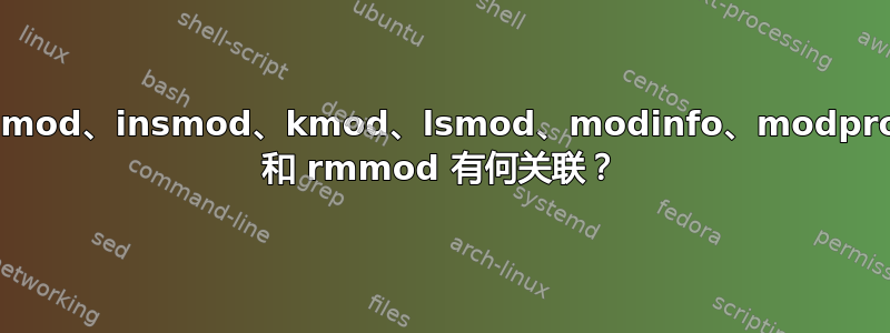 depmod、insmod、kmod、lsmod、modinfo、modprobe 和 rmmod 有何关联？