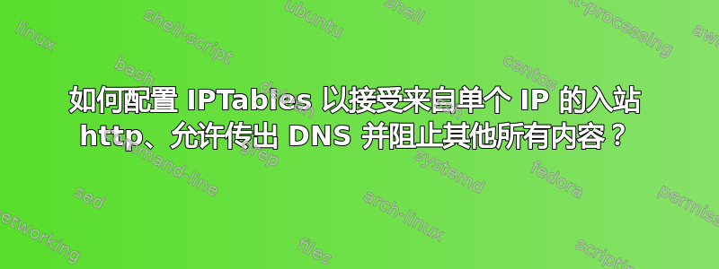 如何配置 IPTables 以接受来自单个 IP 的入站 http、允许传出 DNS 并阻止其他所有内容？