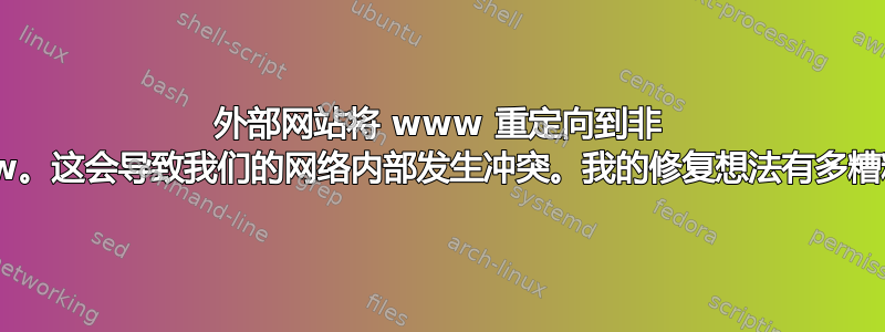 外部网站将 www 重定向到非 www。这会导致我们的网络内部发生冲突。我的修复想法有多糟糕？