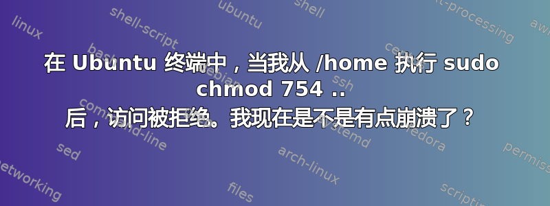 在 Ubuntu 终端中，当我从 /home 执行 sudo chmod 754 .. 后，访问被拒绝。我现在是不是有点崩溃了？