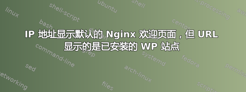 IP 地址显示默认的 Nginx 欢迎页面，但 URL 显示的是已安装的 WP 站点