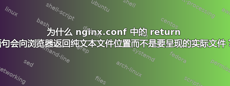 为什么 nginx.conf 中的 return 语句会向浏览器返回纯文本文件位置而不是要呈现的实际文件？