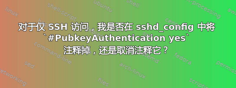 对于仅 SSH 访问，我是否在 sshd_config 中将 `#PubkeyAuthentication yes` 注释掉，还是取消注释它？