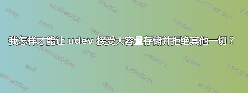 我怎样才能让 udev 接受大容量存储并拒绝其他一切？