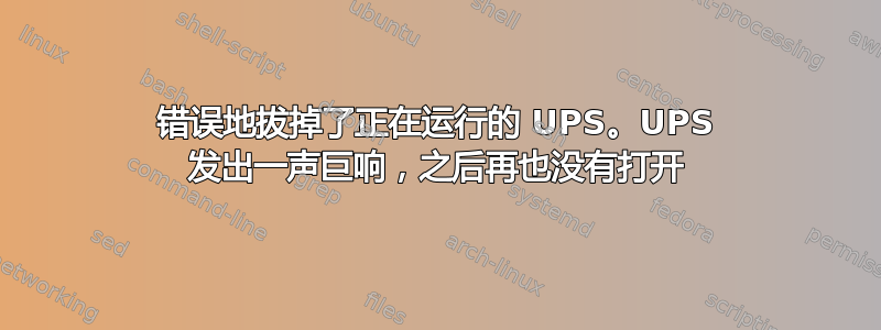 错误地拔掉了正在运行的 UPS。UPS 发出一声巨响，之后再也没有打开