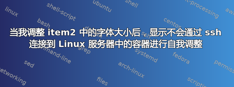 当我调整 item2 中的字体大小后，显示不会通过 ssh 连接到 Linux 服务器中的容器进行自我调整