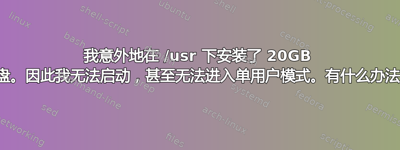 我意外地在 /usr 下安装了 20GB 的磁盘。因此我无法启动，甚至无法进入单用户模式。有什么办法吗？