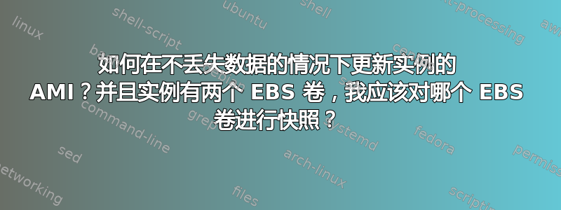 如何在不丢失数据的情况下更新实例的 AMI？并且实例有两个 EBS 卷，我应该对哪个 EBS 卷进行快照？