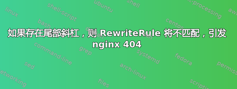 如果存在尾部斜杠，则 RewriteRule 将不匹配，引发 nginx 404