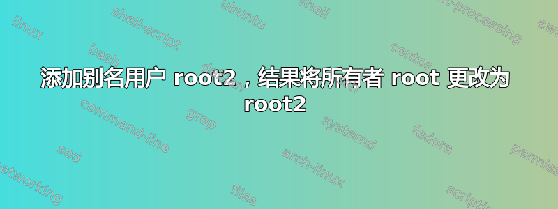 添加别名用户 root2，结果将所有者 root 更改为 root2