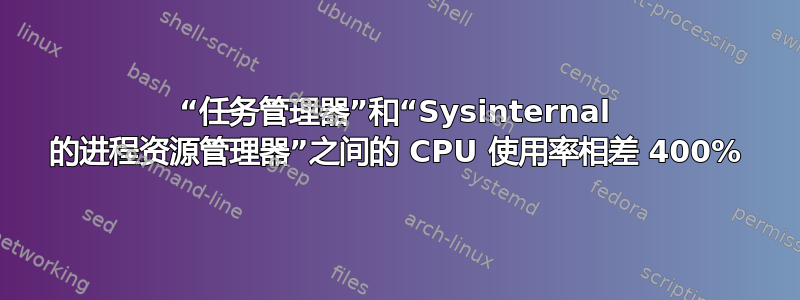 “任务管理器”和“Sysinternal 的进程资源管理器”之间的 CPU 使用率相差 400%