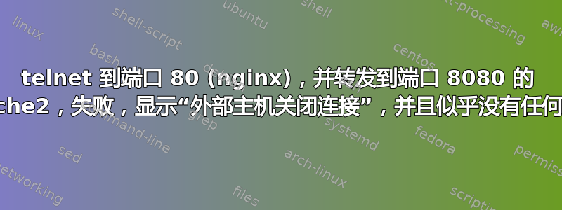 telnet 到端口 80 (nginx)，并转发到端口 8080 的 apache2，失败，显示“外部主机关闭连接”，并且似乎没有任何解释