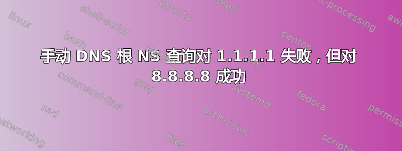 手动 DNS 根 NS 查询对 1.1.1.1 失败，但对 8.8.8.8 成功