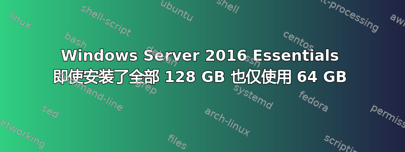 Windows Server 2016 Essentials 即使安装了全部 128 GB 也仅使用 64 GB