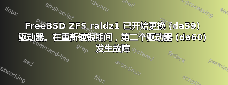 FreeBSD ZFS raidz1 已开始更换 (da59) 驱动器。在重新镀银期间，第二个驱动器 (da60) 发生故障