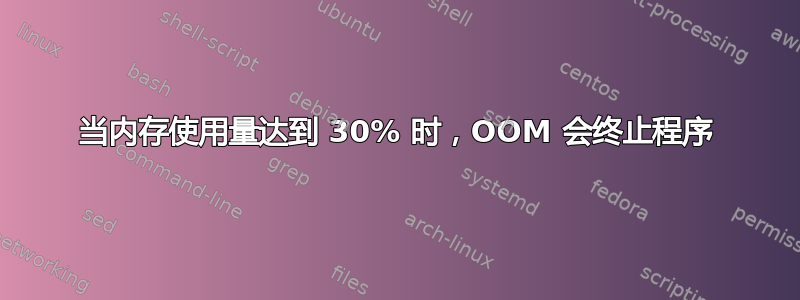 当内存使用量达到 30% 时，OOM 会终止程序