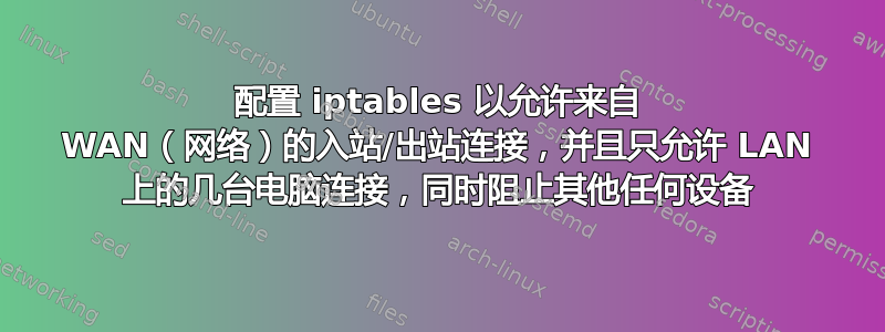 配置 iptables 以允许来自 WAN（网络）的入站/出站连接，并且只允许 LAN 上的几台电脑连接，同时阻止其他任何设备