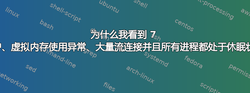 为什么我看到 7 个用户、虚拟内存使用异常、大量流连接并且所有进程都处于休眠状态？