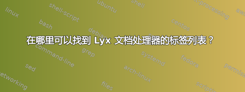 在哪里可以找到 Lyx 文档处理器的标签列表？