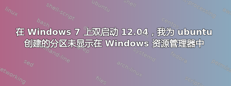 在 Windows 7 上双启动 12.04，我为 ubuntu 创建的分区未显示在 Windows 资源管理器中