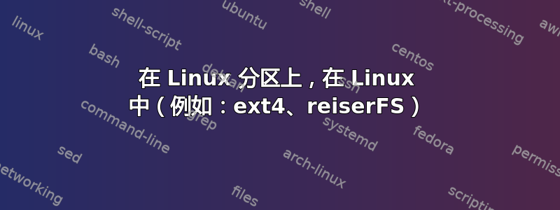 在 Linux 分区上，在 Linux 中（例如：ext4、reiserFS）