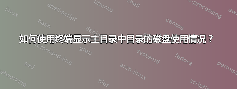 如何使用终端显示主目录中目录的磁盘使用情况？