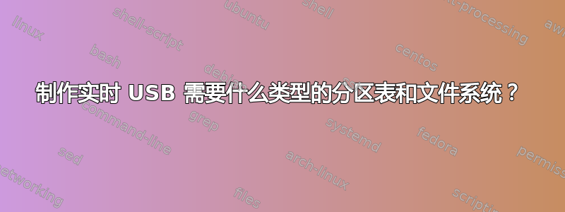 制作实时 USB 需要什么类型的分区表和文件系统？