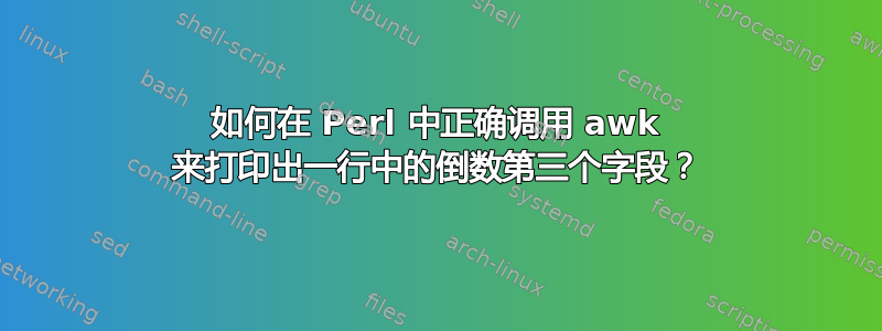 如何在 Perl 中正确调用 awk 来打印出一行中的倒数第三个字段？